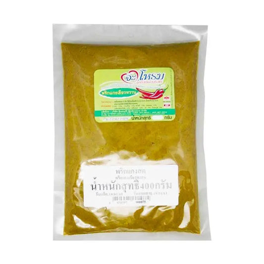 JAROME Green Curry Paste 400g jar, showing the vibrant green Thai curry paste with fresh herbs and spices in a glass jar.