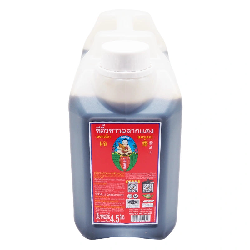 DEK SOM BOON Light Soy Formula 5, 4.5L bottle of light soy sauce with clear label and dark liquid inside.