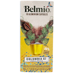 Belmio Colombia coffee capsules for drinks, showing a box of 10 capsules with vibrant packaging and coffee branding.