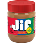 Jif Creamy Butter Peanut jar showing smooth peanut butter spread on the label, in a grocery setting.