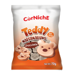 Corniche Chocolate Teddy Marshmallows, soft chocolate-coated confectionery snacks shaped like teddy bears.