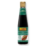 Bottle of LEE KUM KEE Soy Sauce 410ml, a dark liquid condiment in a clear glass bottle with a red cap.