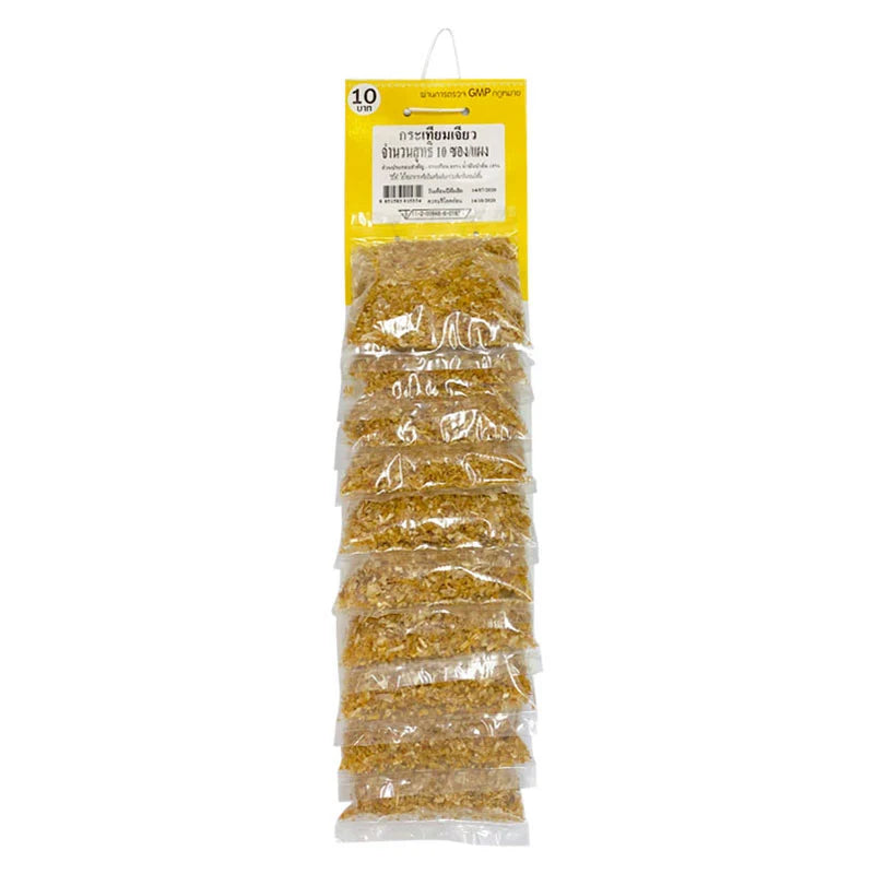 Makro Fried Garlic in 10 sachets, showing crispy golden garlic pieces in clear sachets for cooking and seasoning use.