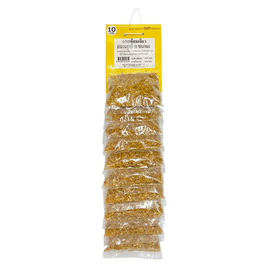 Makro Fried Garlic in 10 sachets, showing crispy golden garlic pieces in clear sachets for cooking and seasoning use.