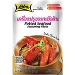 Lobo Potted Seafood Seasoning Paste in a jar, used for flavoring seafood dishes, with a vibrant label and lid.