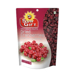 Sun Gift Dried Cranberries, natural confectionery snack, close-up of vibrant red dried cranberries in a clear bowl.