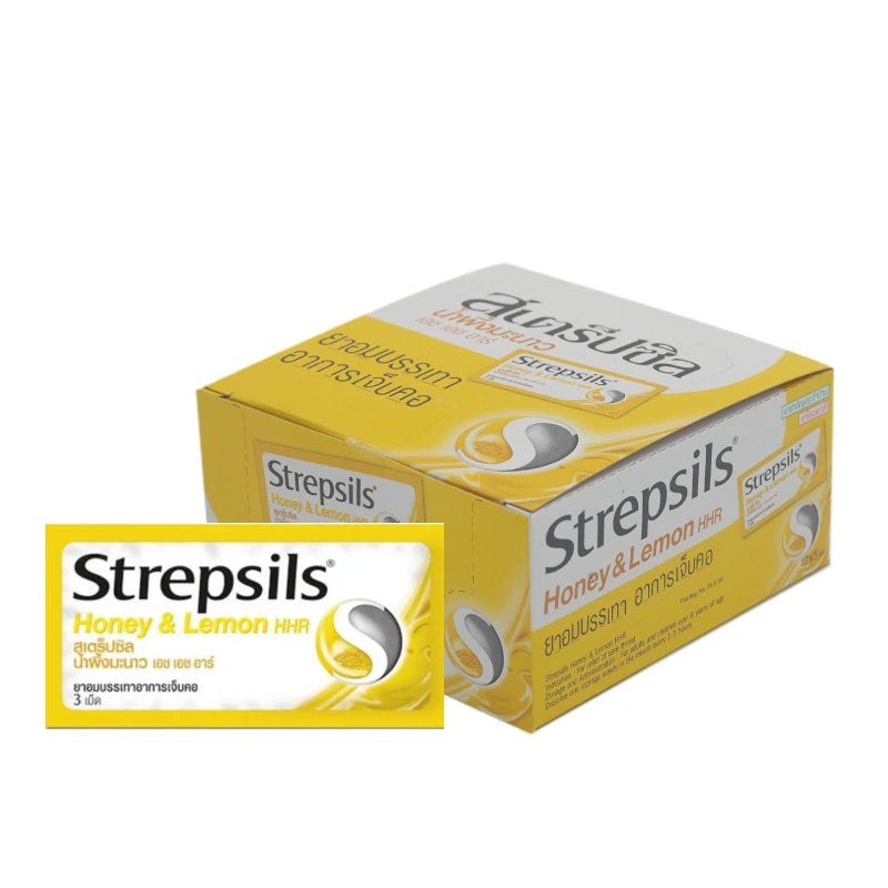 Box of STREPSILS Honey Lemon Throat Lozenges with 3 packs of 12 lozenges each, showing the honey lemon flavor packaging.