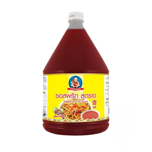 Vegetarian chili sauce by DEKSOMBOON in a 2300g jar, showing the rich, spicy red sauce with fresh chili ingredients.