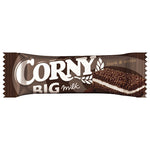 Corny Milk and White Chocolate granola bars shown in packaging, featuring a mix of milk and white chocolate with crunchy texture.