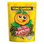 Tong Garden salted pumpkin seeds in a clear bowl, showing their crunchy texture and salted coating, as a tasty confectionery snack.