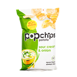 Popchips Sour Cream & Onion snack bag showing crispy chips with sour cream and onion flavoring in a colorful package.
