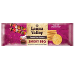 Lanna Valley Organic Rice Crackers Smoky BBQ flavor, crispy confectionery snack with smoky barbecue seasoning, on a white background.