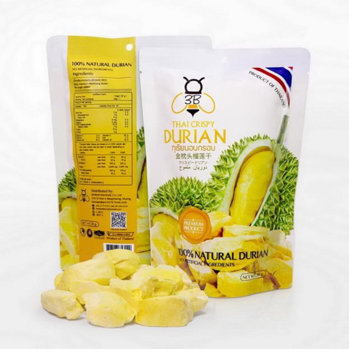 Crunchy 3b Crispy Durian snack in a clear package, showcasing the golden durian-flavored crispy treats inside.