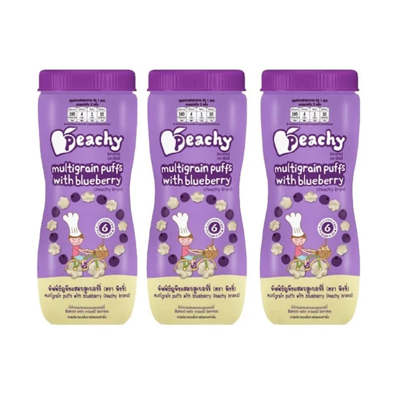 PEACHY Grain Puff Snack set with three blueberry jars and one peach jar, featuring colorful snack packaging in a clear display.