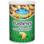 Blue Diamond roasted salted cashews nuts, a crunchy confectionery snack with golden-brown roasted cashews on a white background.