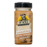 United Spice Onion Powder in a plastic jar, close-up view showing the label and the fine, dried onion powder inside.