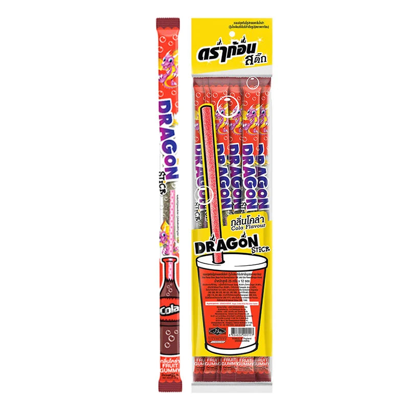 Dragon Tongue Cola Stick Gummy 22g pack with 12 pieces, colorful chewy cola-flavored candies in a clear view.