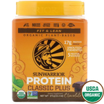 Sunwarrior Classic Plus Protein in chocolate flavor, showing a container of healthy plant-based protein powder.