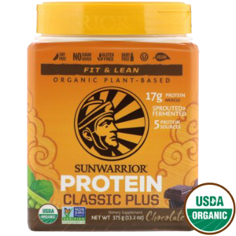 Sunwarrior Classic Plus Protein in chocolate flavor, showing a container of healthy plant-based protein powder.
