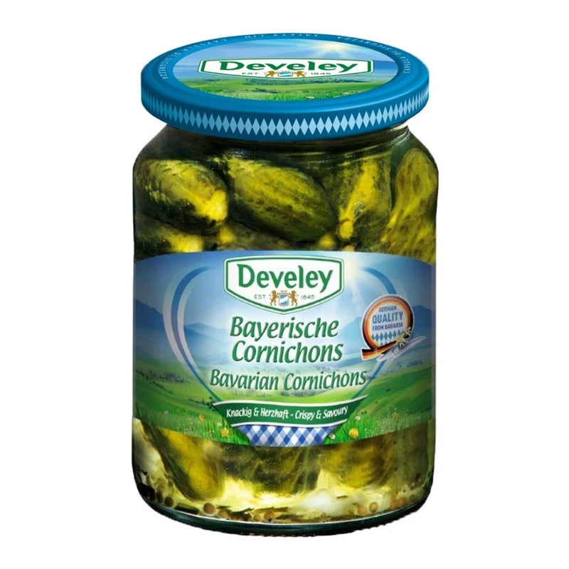 DEVELEY Bavarian Cornichons pickled gherkins in a 330g jar, showcasing small, crunchy, pickled cucumbers with fresh green appearance.