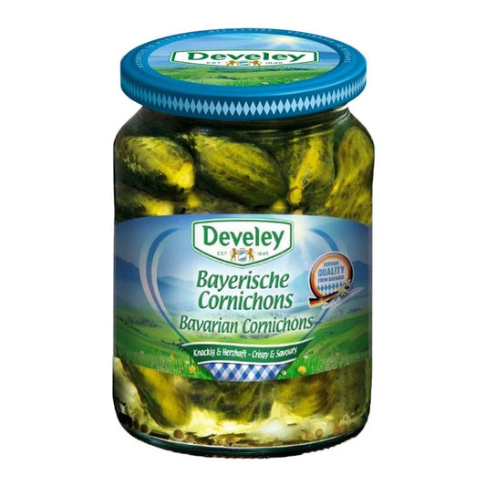 DEVELEY Bavarian Cornichons pickled gherkins in a 330g jar, showcasing small, crunchy, pickled cucumbers with fresh green appearance.