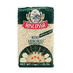 Dry grocery Riscossa Riso rice package, showing a bag of white rice from the Riscossa brand on a grocery store shelf