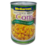 Canned McGarrett Sweet Whole Corn in a green and yellow label, showing whole corn kernels inside the can.