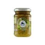 Organic Alce Nero Pesto alla Genovese jar with basil, garlic, pine nuts, and olive oil on a white background.