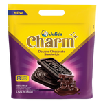 Julie’s Charm Double Chocolate Sandwich confectionery snack with chocolate filling and crunchy biscuit layers.