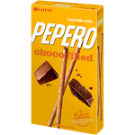 Lotte Pepero Chocofilled confectionery snacks, showing chocolate-filled biscuit sticks with a crispy texture and chocolate coating.