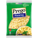 Prego macaroni pasta in a grocery store, featuring a close-up of the pasta shape in a clear package.