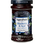 St. Dalfour Superfruits blueberry and acai in a grocery jar, showcasing vibrant mixed berries with a label featuring the brand name.