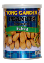 Tong Garden salted peanuts in a clear bowl, showcasing shiny, roasted confectionery snack peanuts with salted coating.