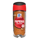 Mccormick Paprika Powder in 40g container, bright red spice in clear jar, used for adding flavor and color to dishes.