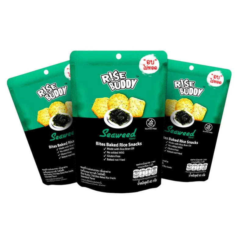 RISE BUDDY Crispy Rice Snack Seaweed Flavor pack of 3 bags, showing colorful snack packaging with rice and seaweed ingredients.