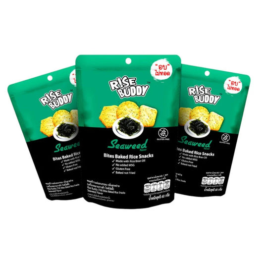 RISE BUDDY Crispy Rice Snack Seaweed Flavor pack of 3 bags, showing colorful snack packaging with rice and seaweed ingredients.