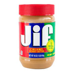 Creamy JIF peanut butter jar with label, 454g, in a clear glass jar, showing the JIF brand and smooth peanut butter inside.