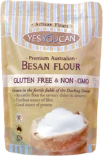 Packet of Yes You Can Artisan Besan Flour for cooking and baking, with a vibrant label and clear branding on the grocery product.
