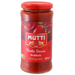 Mutti Arrabbiata pasta sauce in a jar, featuring a spicy tomato sauce with visible herbs and chili flakes.
