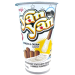 Meiji Yan Yan Cookie and Cream confectionery snack with biscuit sticks and creamy cookie dip in a colorful packaging