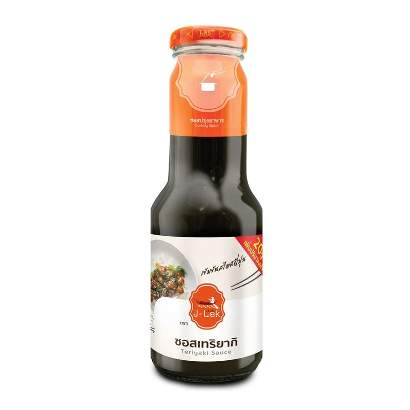 J-LEK Teriyaki Sauce in a 380g glass bottle, with a label showing Japanese-inspired design and sauce visible through the glass.