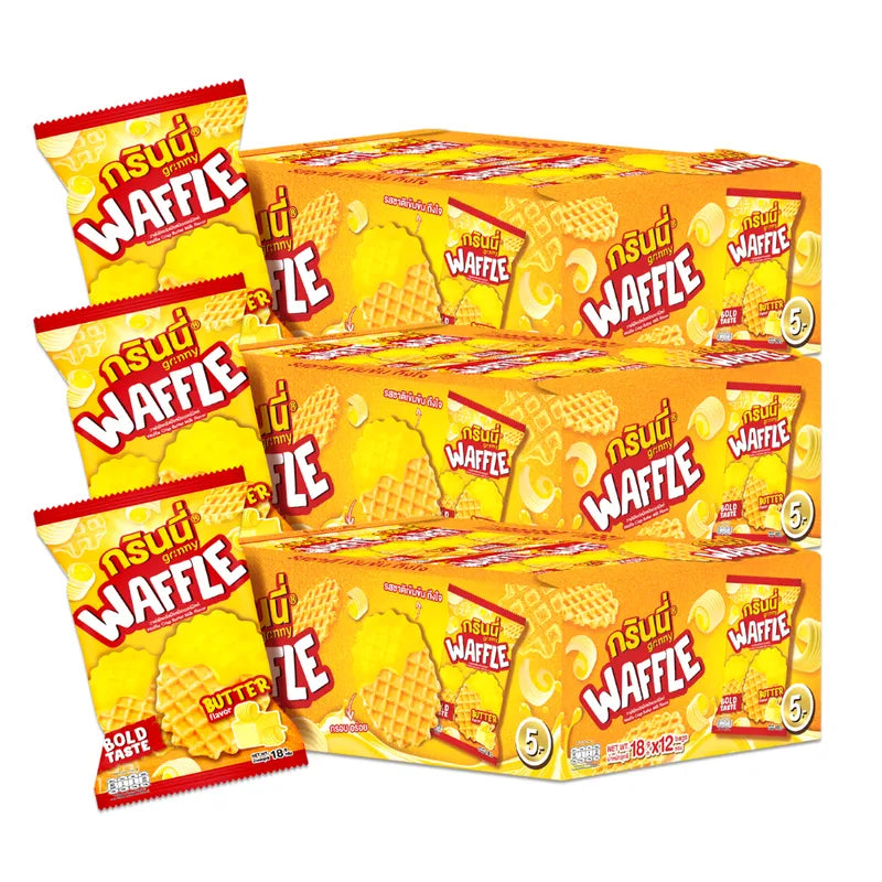 Grinny Waffle Crisp Butter Milk Flavor snack packs, 18g each, displayed in a pack of 12 x 3 on a neutral background.