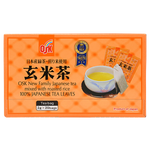 Osk tea mixed with roasted rice in a clear glass cup, showcasing a warm, amber-colored drink with rice grains visible.