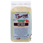 Organic oat bran in a resealable bag from Bob's Red Mill, showing the product label and texture of the oat bran.