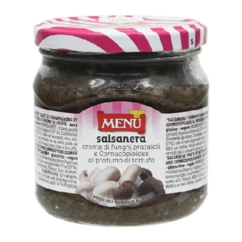 Menu Salsanera Trifolati Mushroom in Oil with Truffle Cream, 370g jar showing mushrooms and creamy truffle mixture inside