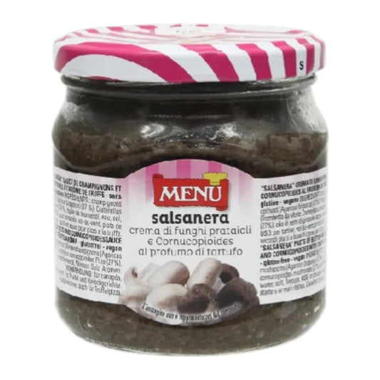 Menu Salsanera Trifolati Mushroom in Oil with Truffle Cream, 370g jar showing mushrooms and creamy truffle mixture inside