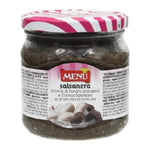 Close-up of Menu Salsanera Trifolati dry grocery jar with label, showcasing the seasoning's texture and packaging.