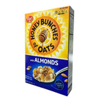 Post Honey Bunches of Oats with Almond cereal box, 340g, dry grocery product featuring a bowl of cereal with almonds and honey.
