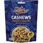 Roasted unsalted cashew nuts in a clear bowl, featured as Nut Walker confectionery snack with golden-brown nuts and crispy texture.