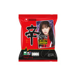 Nongshim Shin Ramyun instant noodles in a dry grocery package, showcasing the spicy noodle soup flavor and brand logo.